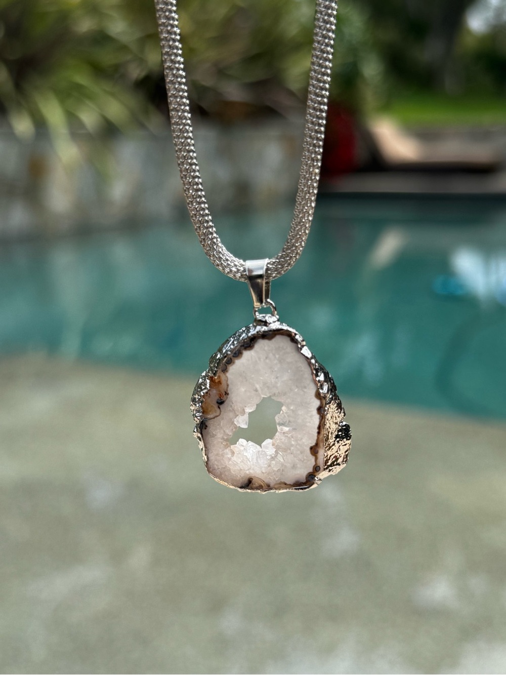 Brilliant White Druzy Geode Pendant Necklace on Thick Silver Chain